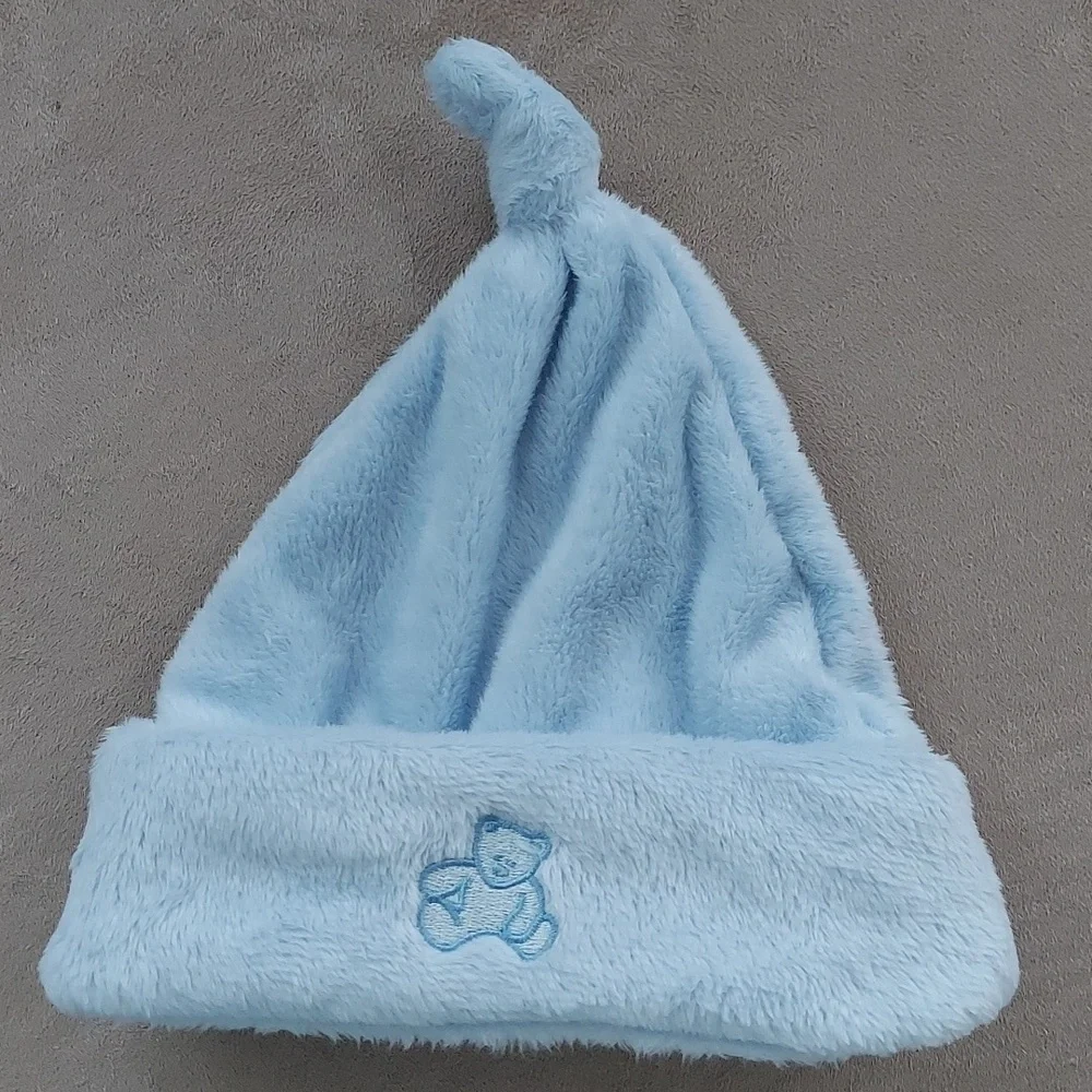 Fuzzy top knot beanie cap blue bear - new born